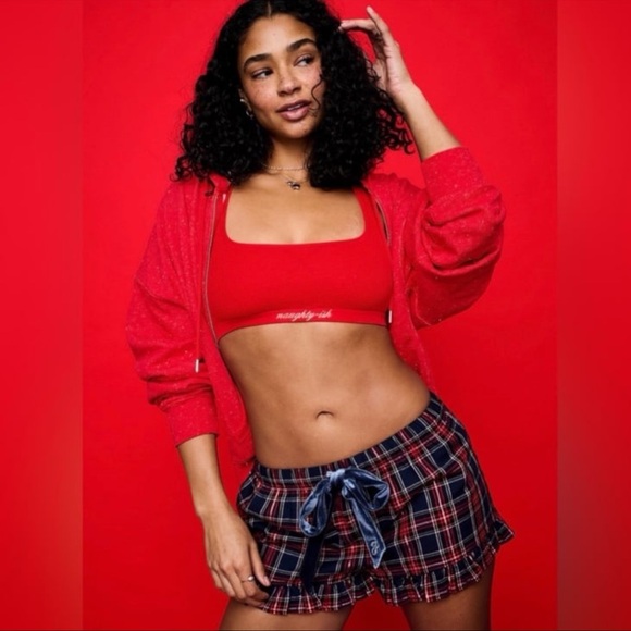 PINK VICTORIA'S SECRET Flannel Pajama Shorts Navy, Red & Silver Plaid Preppy XL - Picture 8 of 13